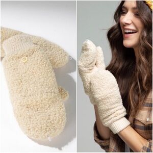 New Ivory Popup Button Open Soft Teddy Mitten Warm Winter Open Finger Mitten